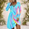 Women Criss Cross V Neck Long Sleeve Gradient Swirl Printed Curved Hem Dress