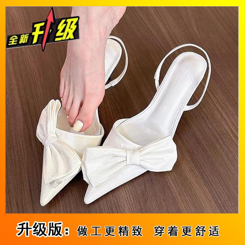 2025 весна и лето новые черные туфли-лодочки на французском каблуке с ремешком, с острым носком, модные сандалии с бантом для женщин