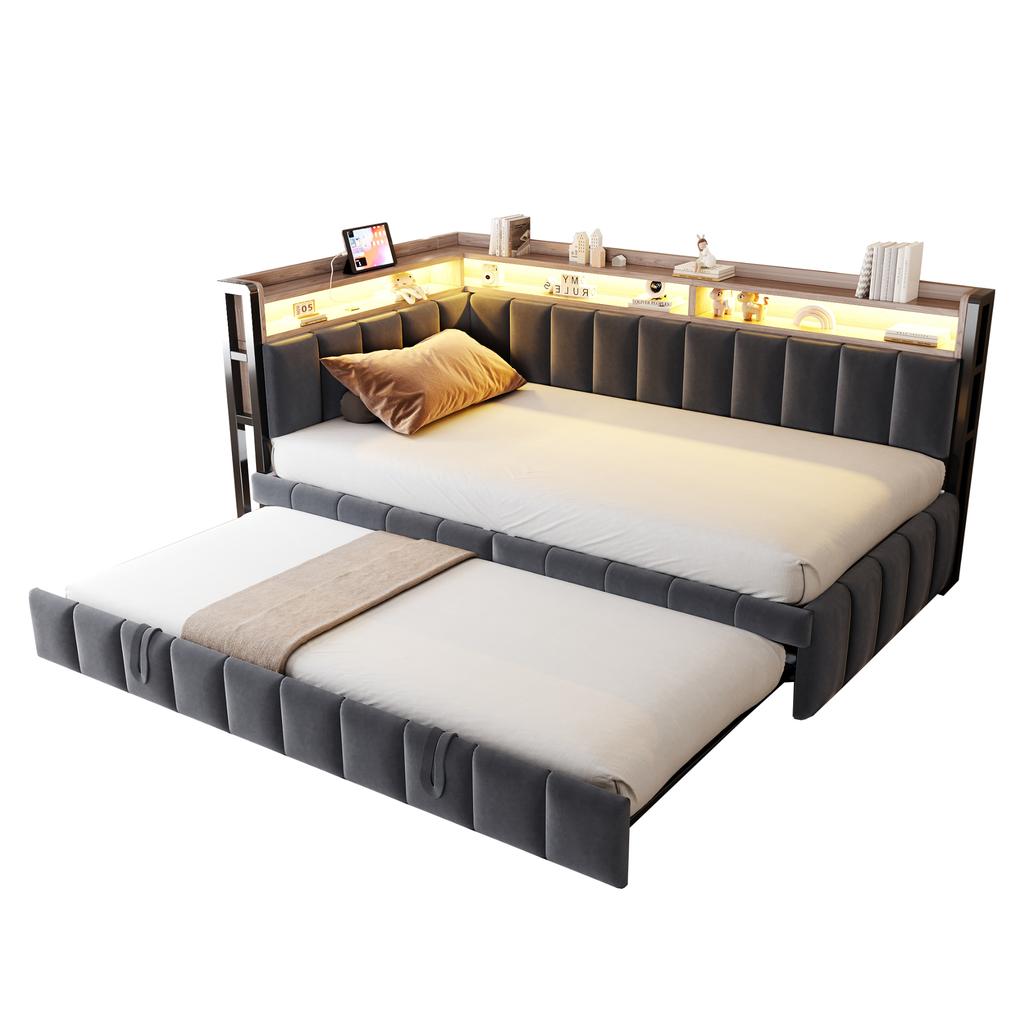 Upholstered single sofa bed 90x200cm with pull-out bed, LED lighting, storage at head and foot end, USB and Type-C ports, dark grey velvet fabric