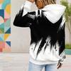 Women Plus Size Black And White Printed Long Sleeve Drawstring Hood Kangaroo Pocket Hooded Pullover
