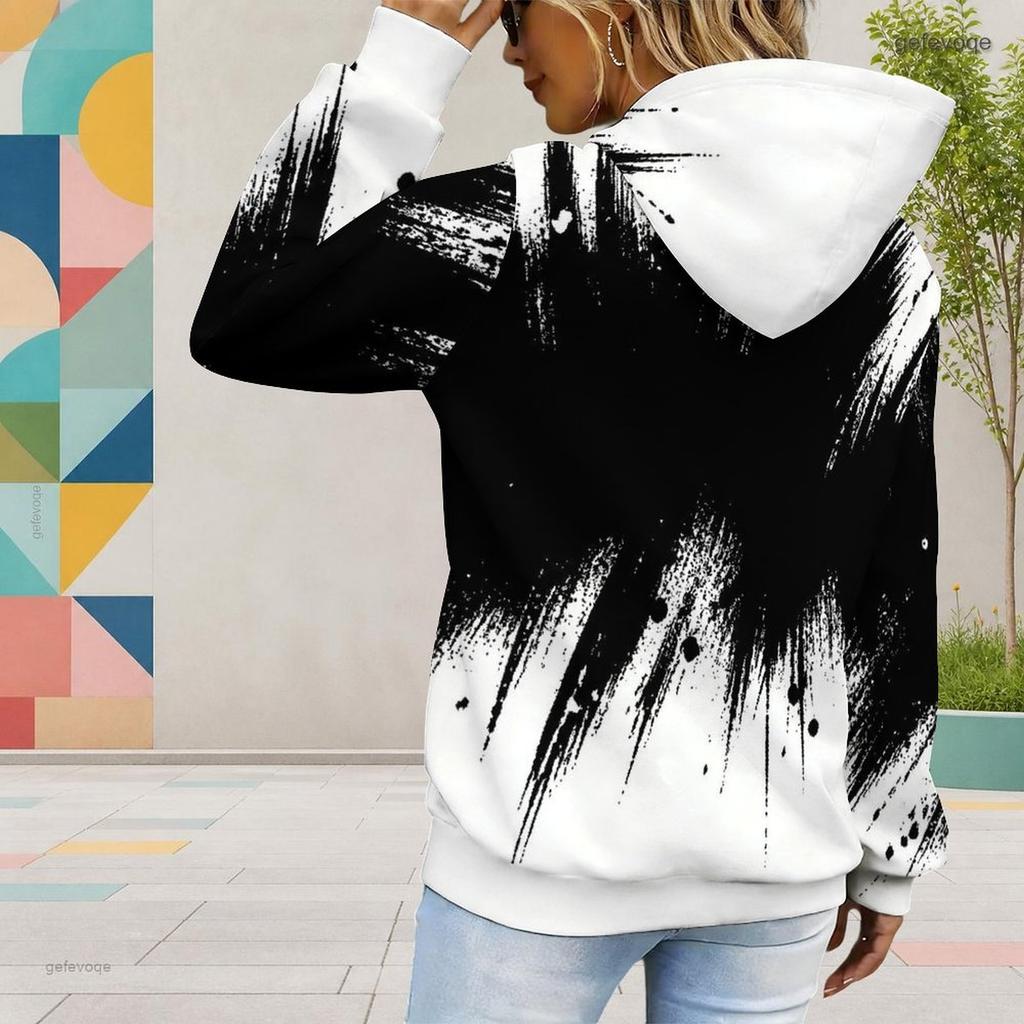 Women Plus Size Black And White Printed Long Sleeve Drawstring Hood Kangaroo Pocket Hooded Pullover