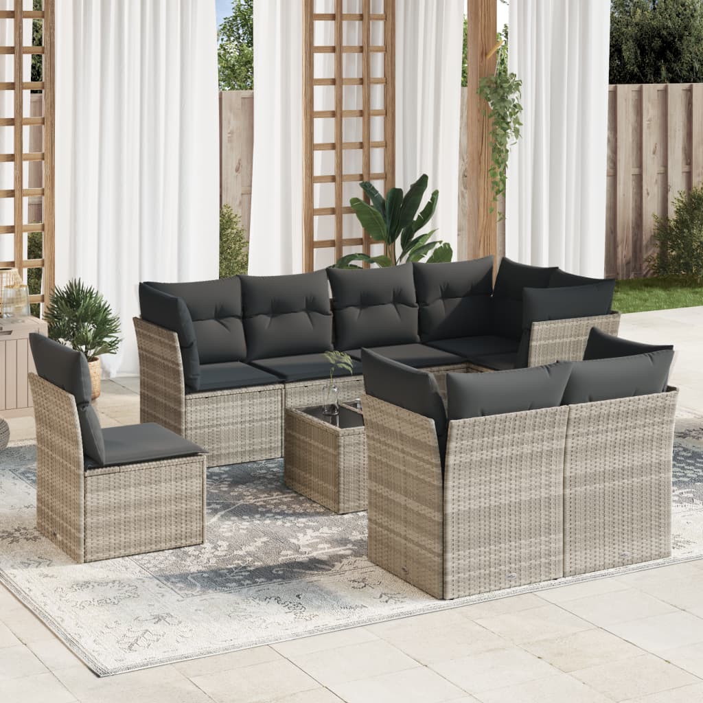 9 Piece Garden Sofa Set with Cushions Light Grey Poly Rattan