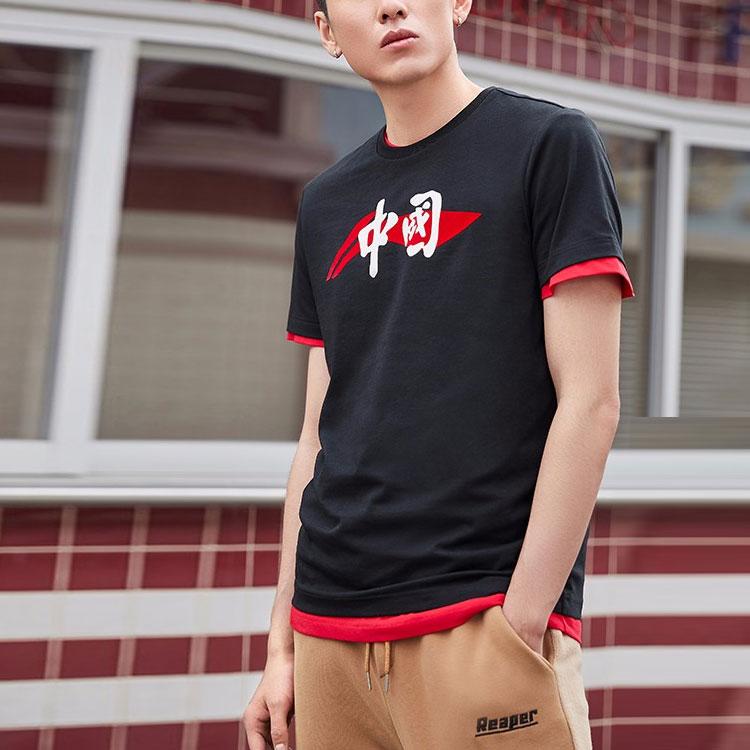 Футболка с коротким рукавом и круглым вырезом с крупным принтом логотипа Li Ning, мужские топы, черная, AHSP487-2