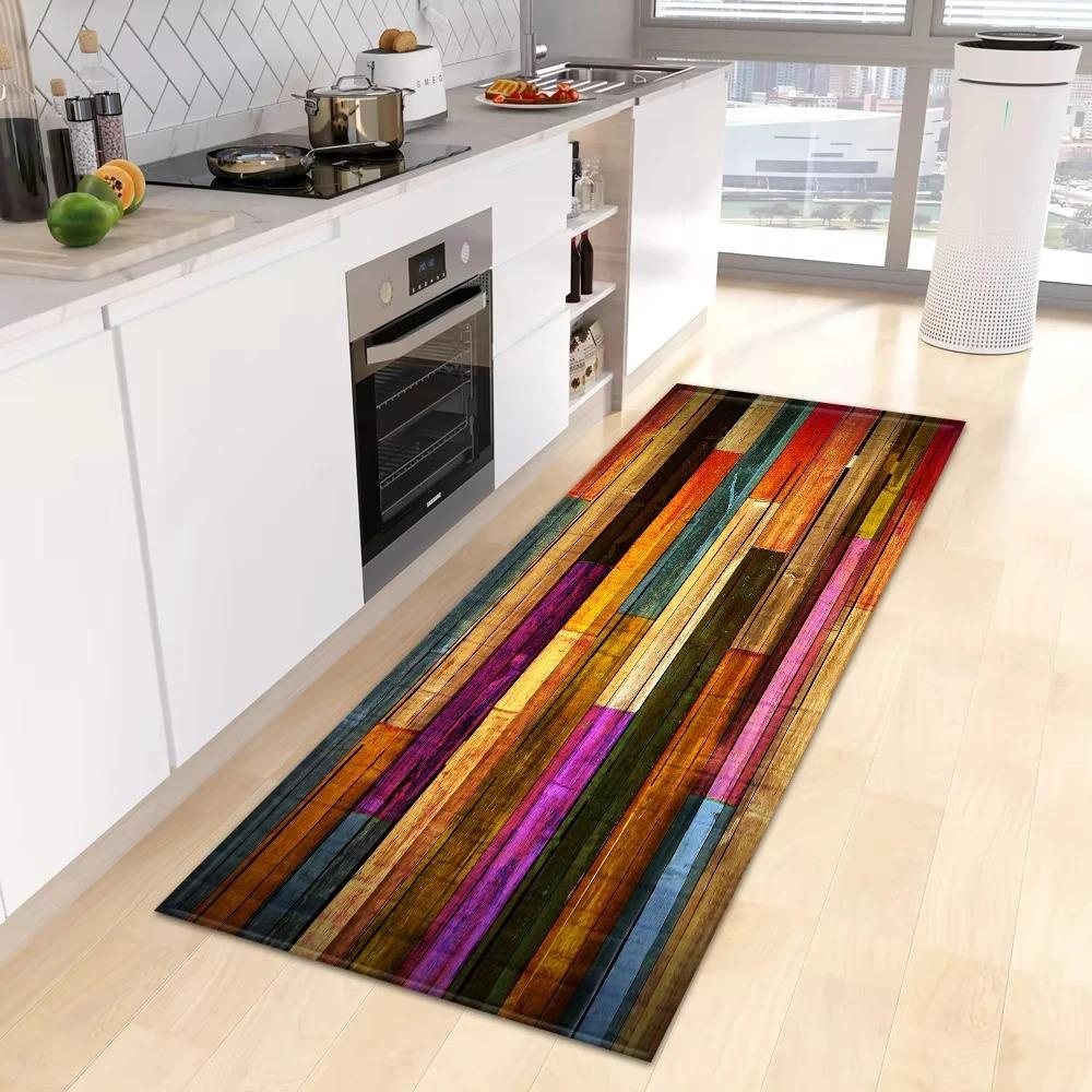 Vibrant Rainbow Gradient Colorful Wood Grain Kitchen Long Runner Rug Kitchen Personalized Decor Non-Slip Soft Floor Mat