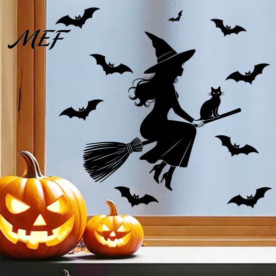 Flexible Cuttable Glass Film Halloween Witch Black Cat Static Window Stickers, Waterproof PVC Silhouette Decals, Weatherproof Removable Wall Art Decor