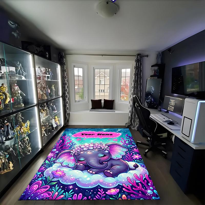 1PC Custom Name Ethereal Elephant Fantasy Theme Floor Mat Ideal for Living Room, Game Rooms, Office, Bedroom,Floor Mat Playful Design