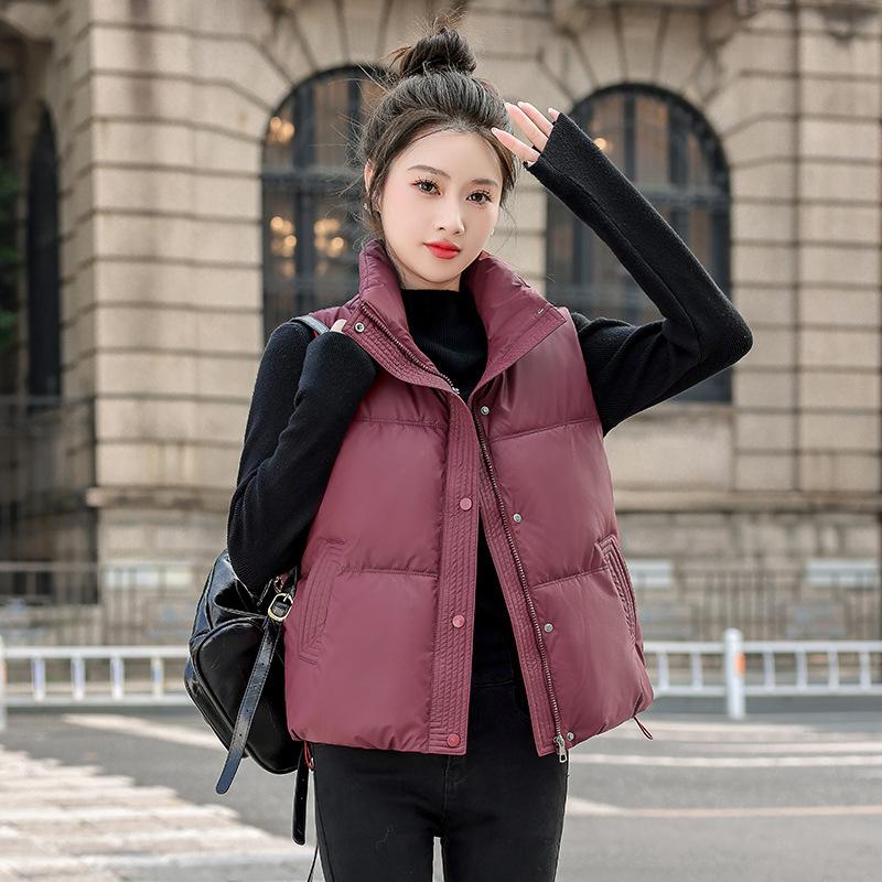 Autumn and winter PU new down cotton vest Korean version loose small short thin stand-up collar vest jacket