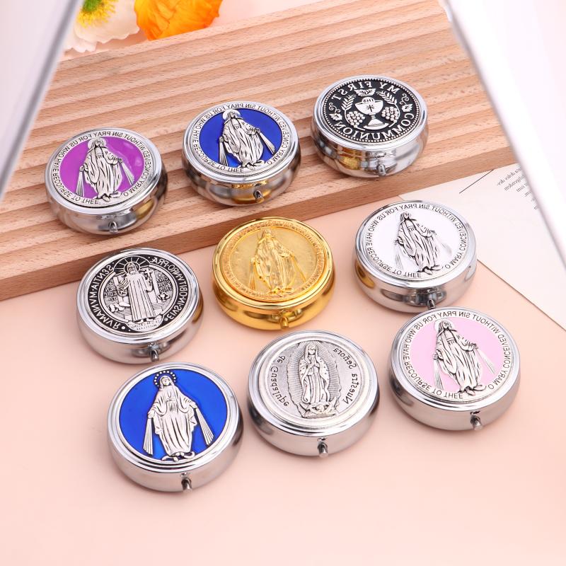 Ретро Металл Святое Причастие Святой Бенедикт Розарий Подарочные Коробки Круглый Религиозный Ювелирный Изделий Упаковочный Кейс
