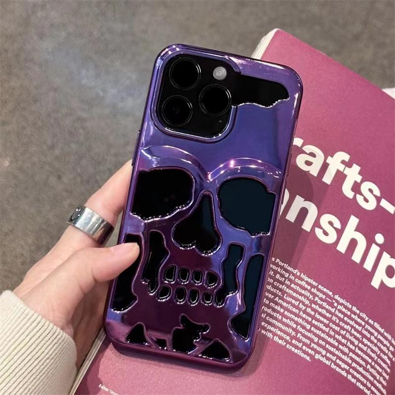 Cool Hollow 3D Skull Phone Case for iPhone 16 15 14 Plus 13 12 11 Pro Max Plating Gothic Skeleton Design Shockproof Cover