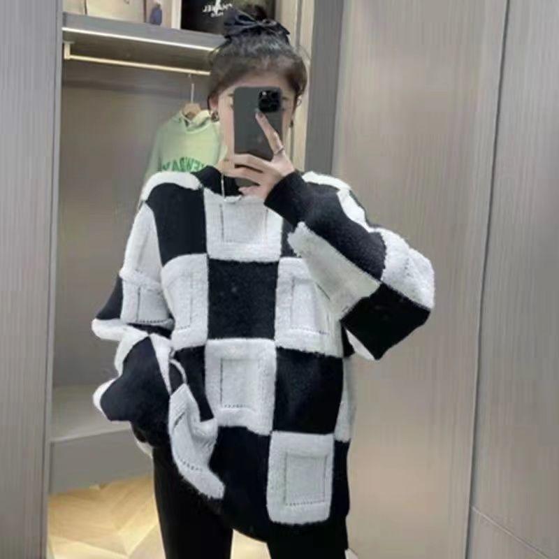 Женский пуловер 2023, весенне-осенний новый корейский вариант контрастного цвета, вязаный 3D флокированный плед, ленивый свитер, пуловер, женский топ