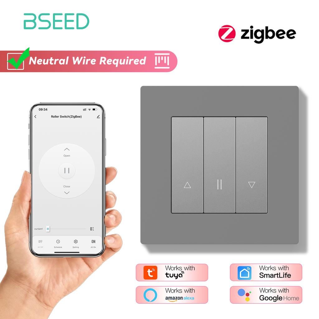 BSEED Zigbee Shutter Switch With Wall Sockets Wall Smart Click Switches Yellow Backlight Plastic Frame Tuya APP Roller Switch EU