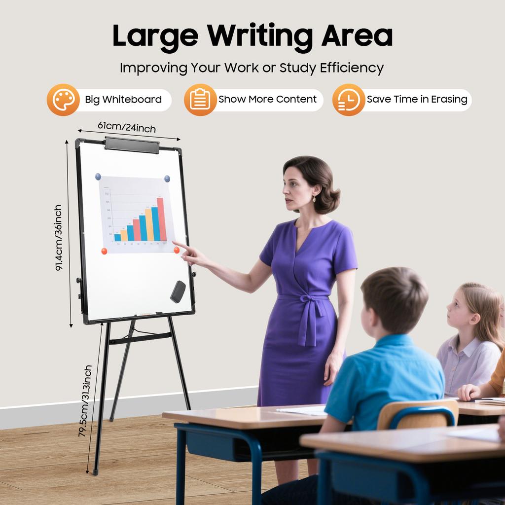 Large 36x24 Inch Magnetic Dry Erase Whiteboard Stand, Adjustable Height 38-62 Inches, Portable Flip Chart Easel with 6 Magnets