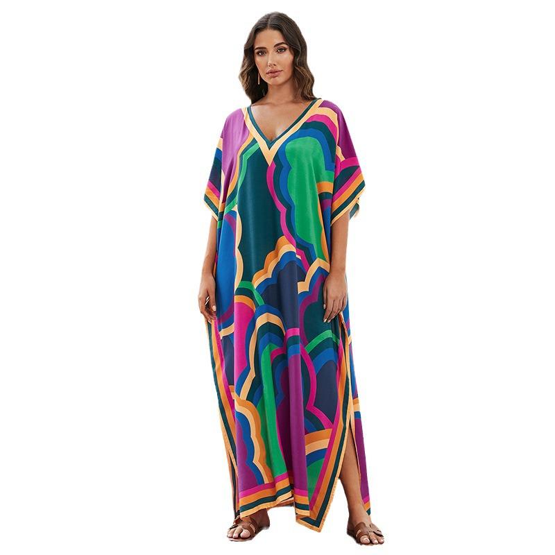 Свободный хлопковый халат большого размера с принтом - Пляжная накидка для женщин
