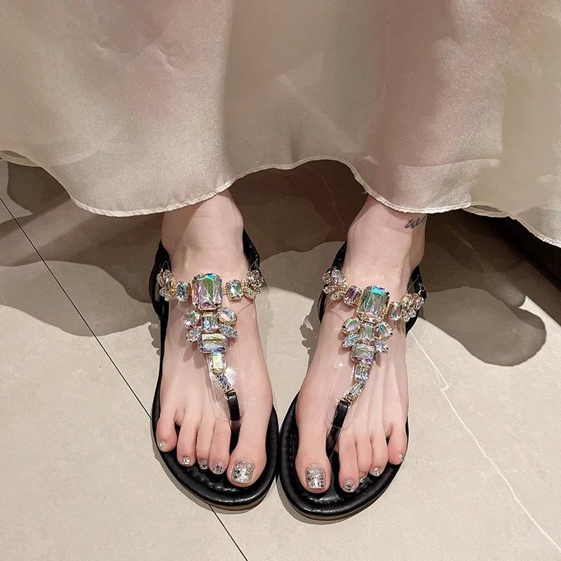 Fashion Women Flip-flops Sandals for Women 2024 Luxury Rhinestone Flat Shoes Ladies Designer Beach Shoes Light Roman Sandalias