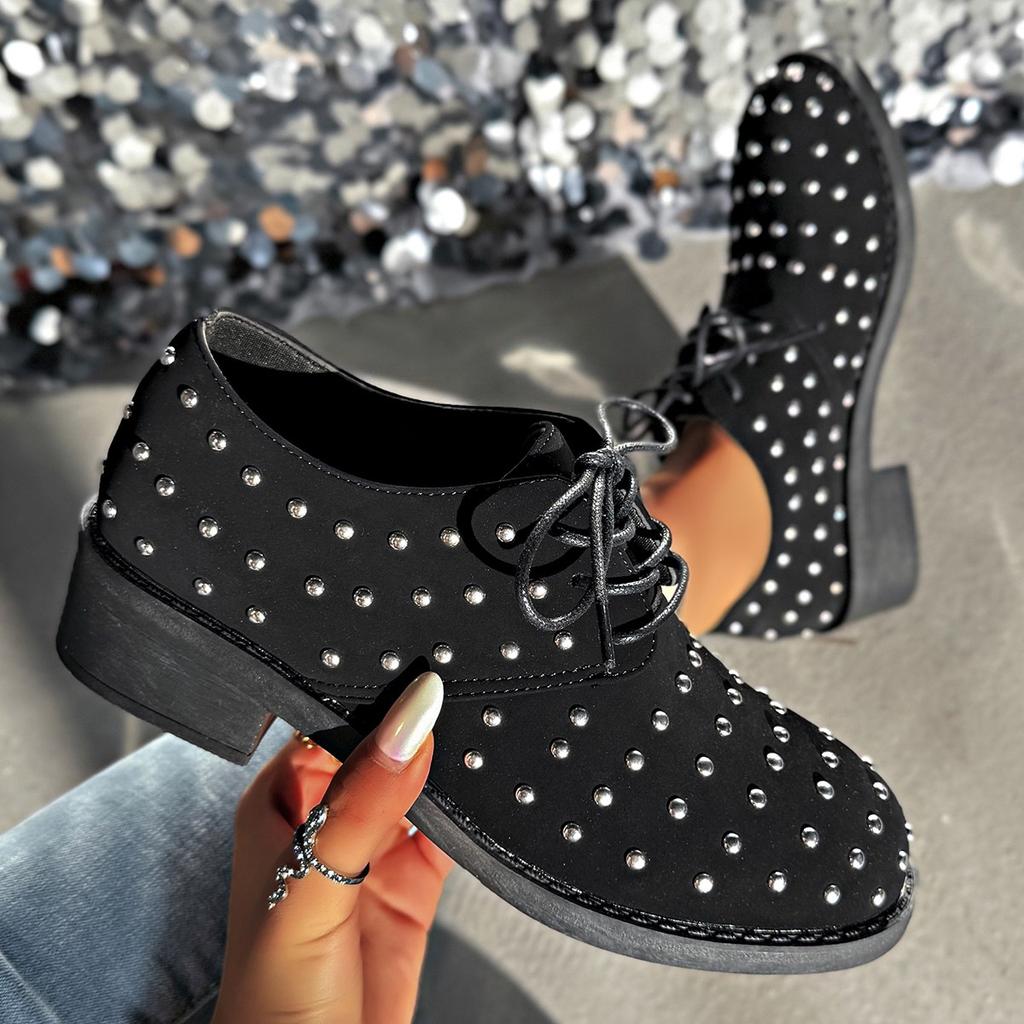 Foreign Trade Large Size Women's Single Shoes Spring New European and American Low Heel Metal Rivet Lace Lazy Fashion Single Shoes Women