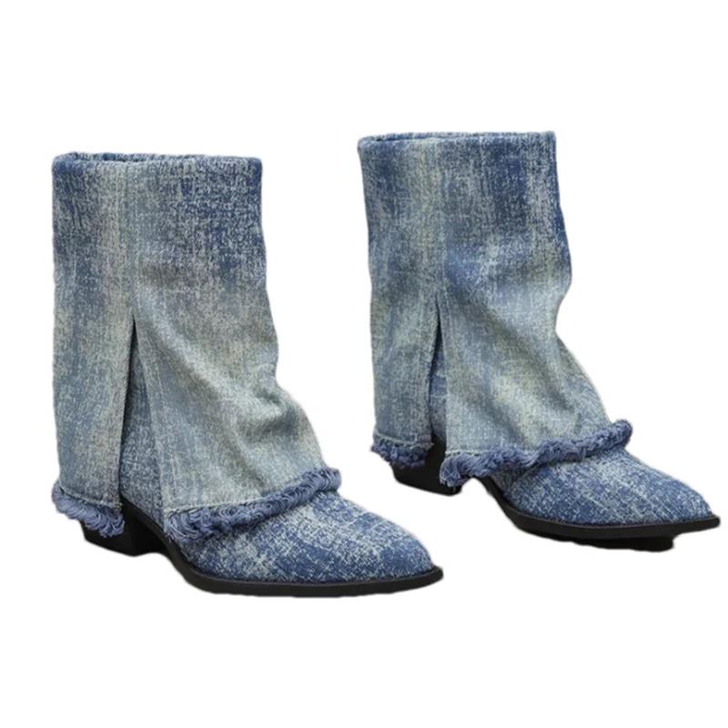 Модные ковбойские женские высокие сапоги с острым носком, зимние дизайнерские туфли на толстой подошве до середины голени, женские зимние сапоги 2024 года, готические женские ботинки