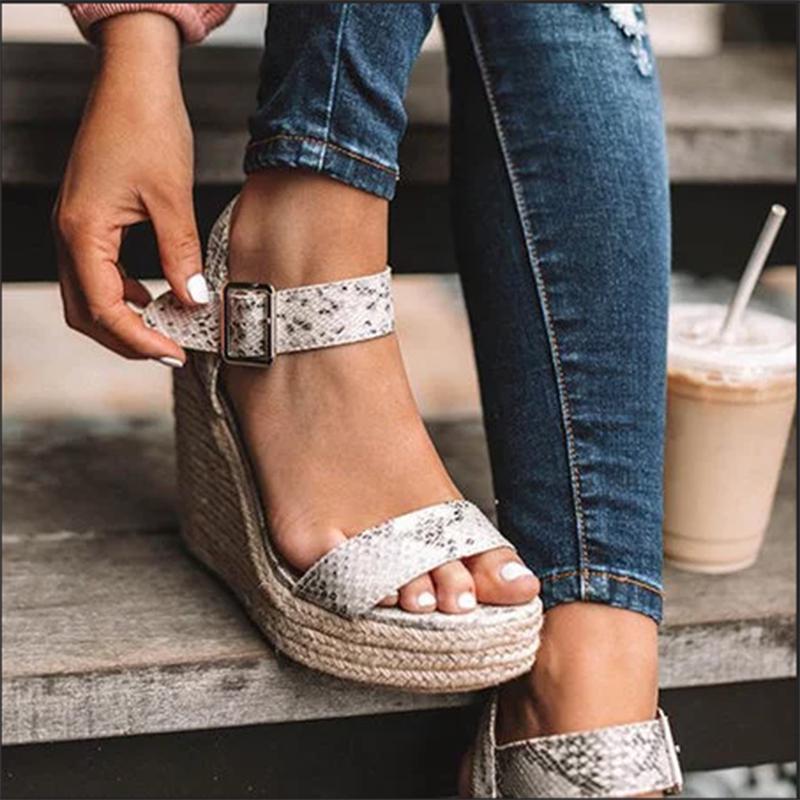 Elegant Summer Hemp Ladies Peep Toe Rope Wedge Sandals With Buckle Ankle Strap