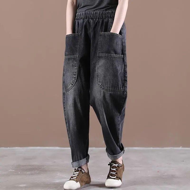 Летние свободные универсальные шаровары Daddy Pants BF Style Casual Большие карманы Эластичная талия Тонкие и высокие джинсы Женский тренд