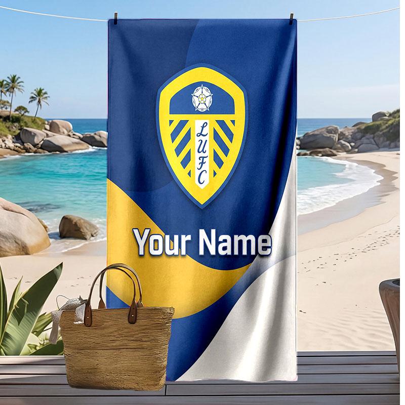 Leeds United Personalized Printed Beach Towel Soccer Logo Support Custom Name Text Absorbent Towel For Sport Travel Special Gift