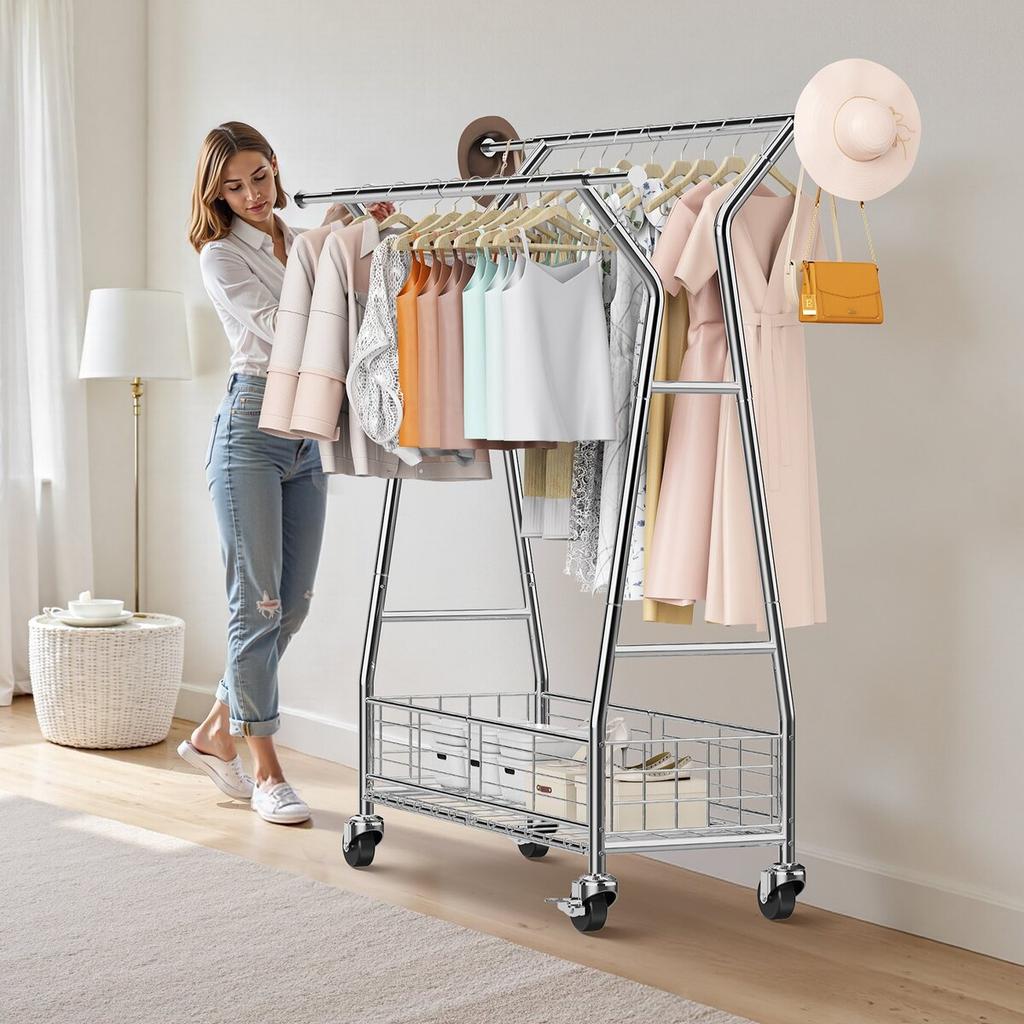 Clothes Rack, Rolling Clothing Garment Rack with 2 Hanging Rods and Storage Basket, 150 kg Load Capacity, Extendable Carbon Steel Clothing Racks with