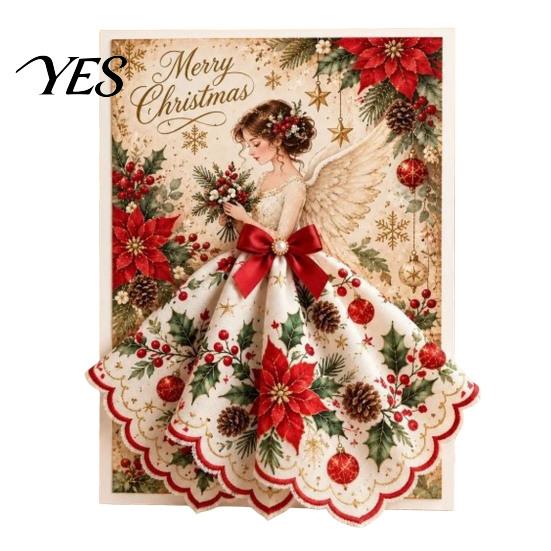 Elegant Angel Ornament Card 3D Christmas Greeting with Fabric Dress, Pop Up Holiday Unique Xmas Card, Merry Gift Keepsake for Family Friends Detailed