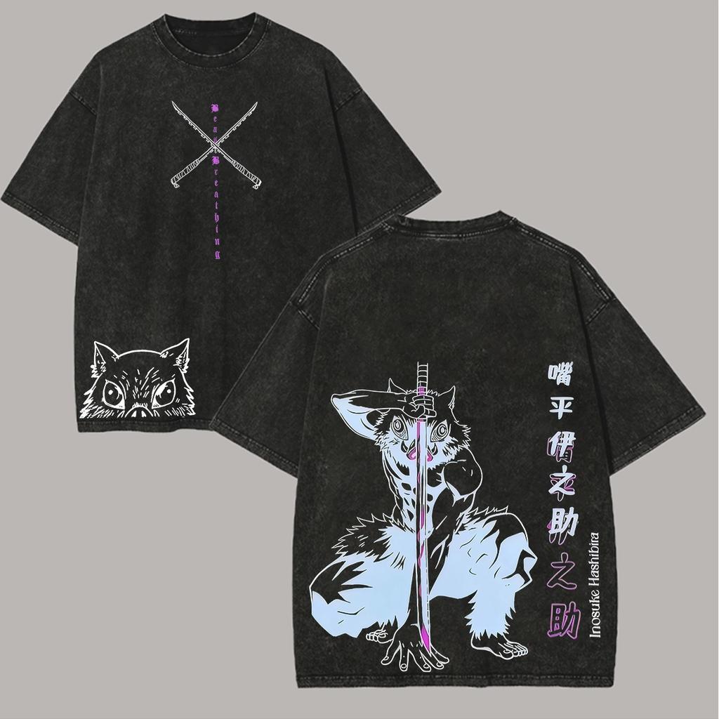 Inosuke Demon Slayer Graphic T-shirt Japanese Manga Washed Cotton T Shirt Men Women Clothing Casual Oversized Short Sleeve Tees