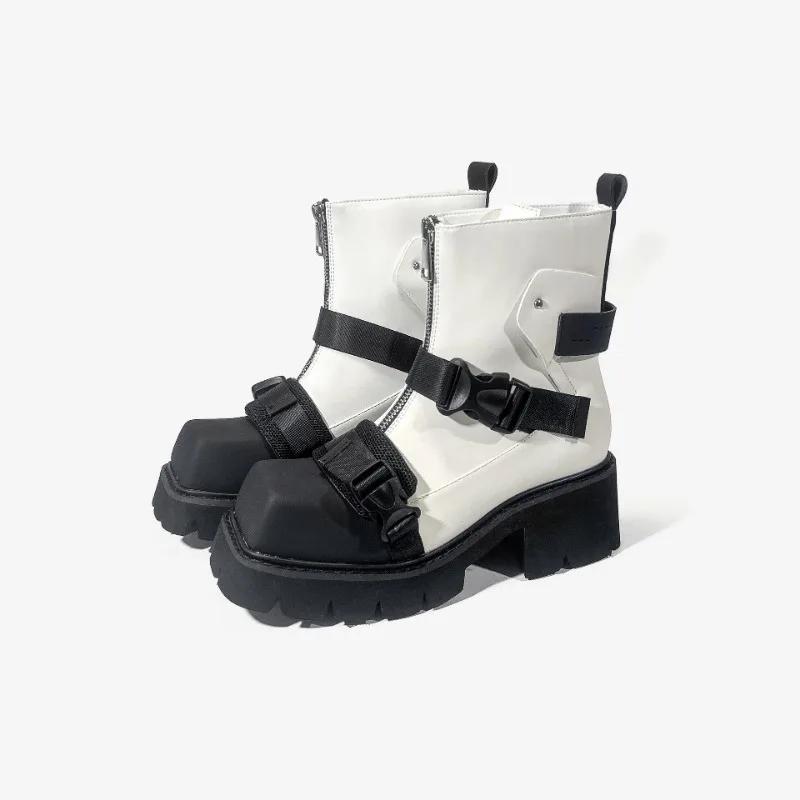 2024 Европейский стиль квадратный носок толстый каблук мотоциклетные ботинки женские кожаные молния спереди короткий ремень пряжка модные ботинки челси