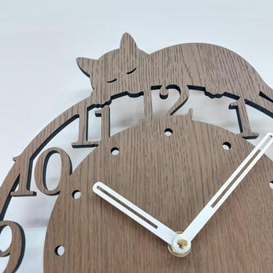 Cat Wood Grain Wall Clock Wooden Silent Sweep Stylish Nordic Sleeping Silhouette Handmade Made Japan