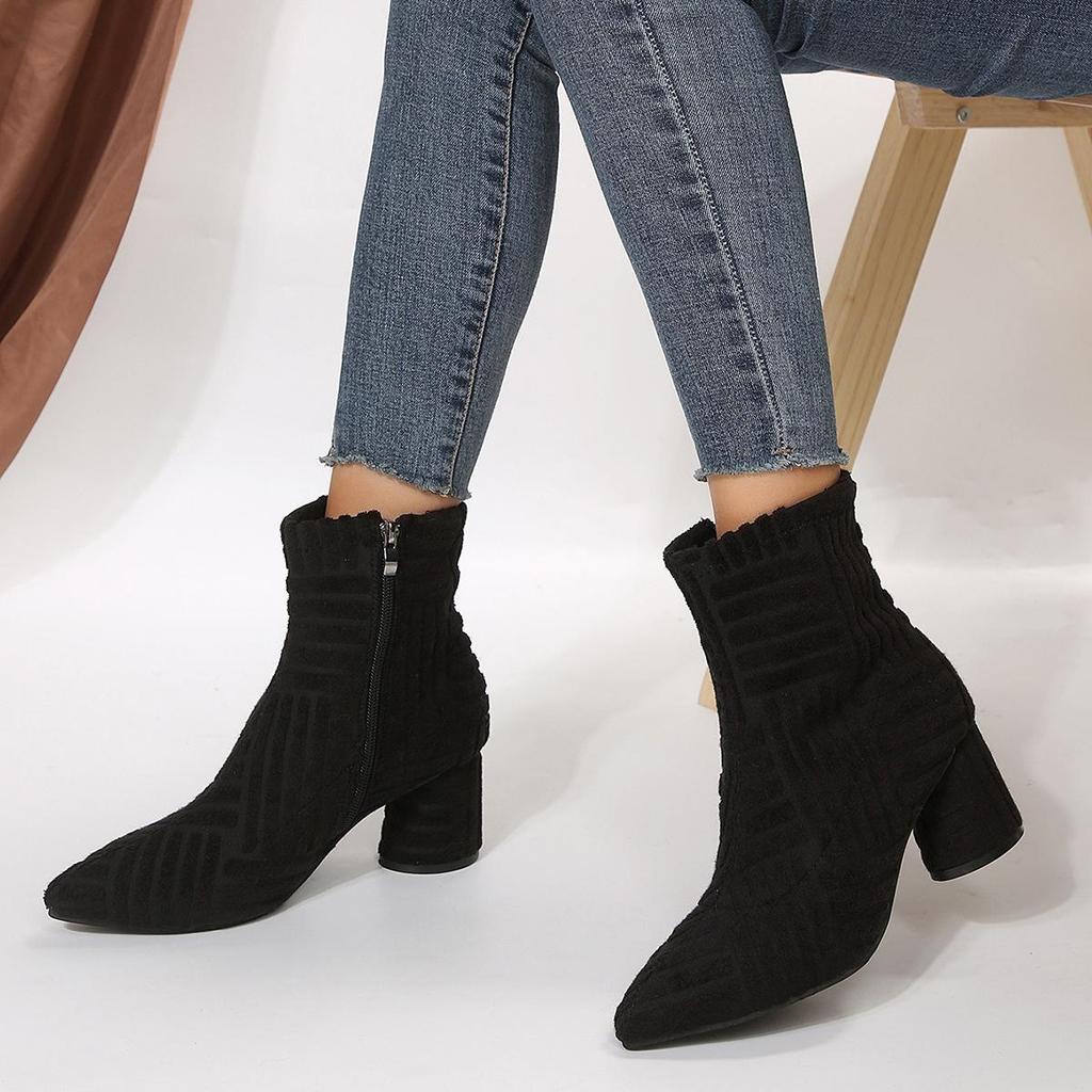 Fashion Large High Heel New Solid Side Zipper Pointed Women's Short Boots