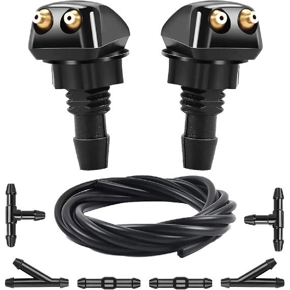 Car Windshield Wiper Fluid Nozzle and Hose Set, 360 Auto Sprayer Jet Kit, Universal Automotive Wiper Accessories, Black