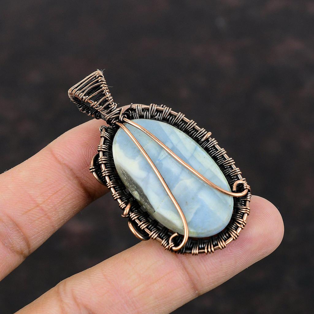 Owyhee Синий Опал Кулон Медная Проволока Обернутые Ювелирные Изделия Подвеска Из Натурального Драгоценного Камня Ювелирные Изделия Ручной Работы Совершенно Новый Подвеска Медные Ювелирные Изделия Подарок Для Мамы