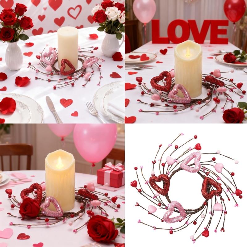 Valentine Candle Rings Wreaths Heart Berries Candle Holders Mini Wreaths for Party Wedding Window Table Centerpieces