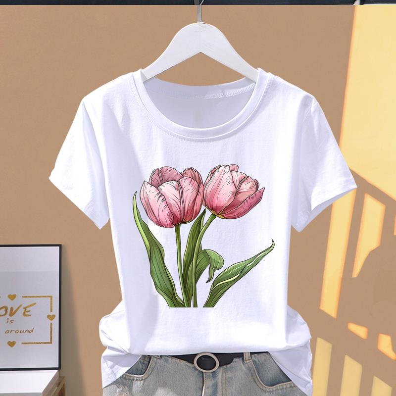 (Osiyo o'lchami) Qisqa yengli futbolkalar trend T yoqimli gul naqshli gul Kiyim Moda Print Ayollar Kundalik Ayollar Top Grafik Futbolka
