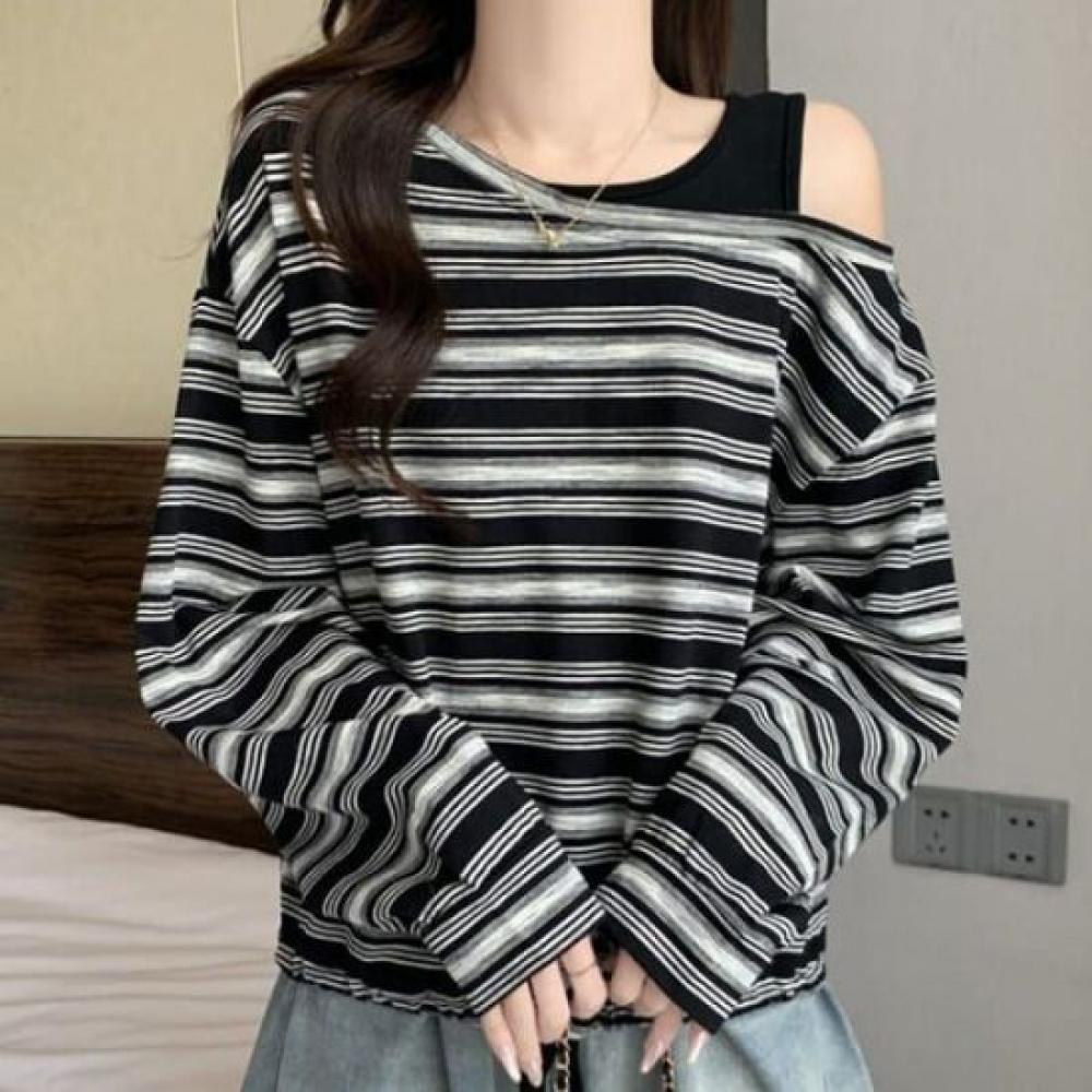 Navava Women Off Shoulder STripe DrawsTring Long Sleeve T shirT nT3202