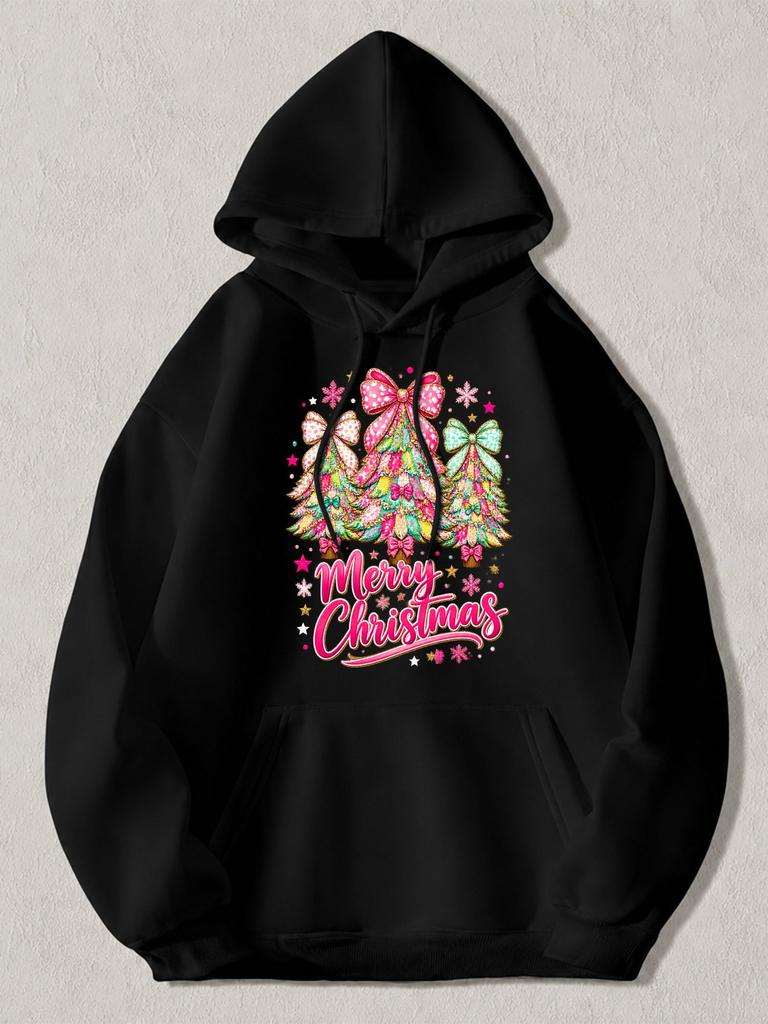 Black Pullover Hoodie with Colorful Christmas Tree And Bow Graphic Pink Merry Christmas Text Print Festive Holiday Sweatshirt for
