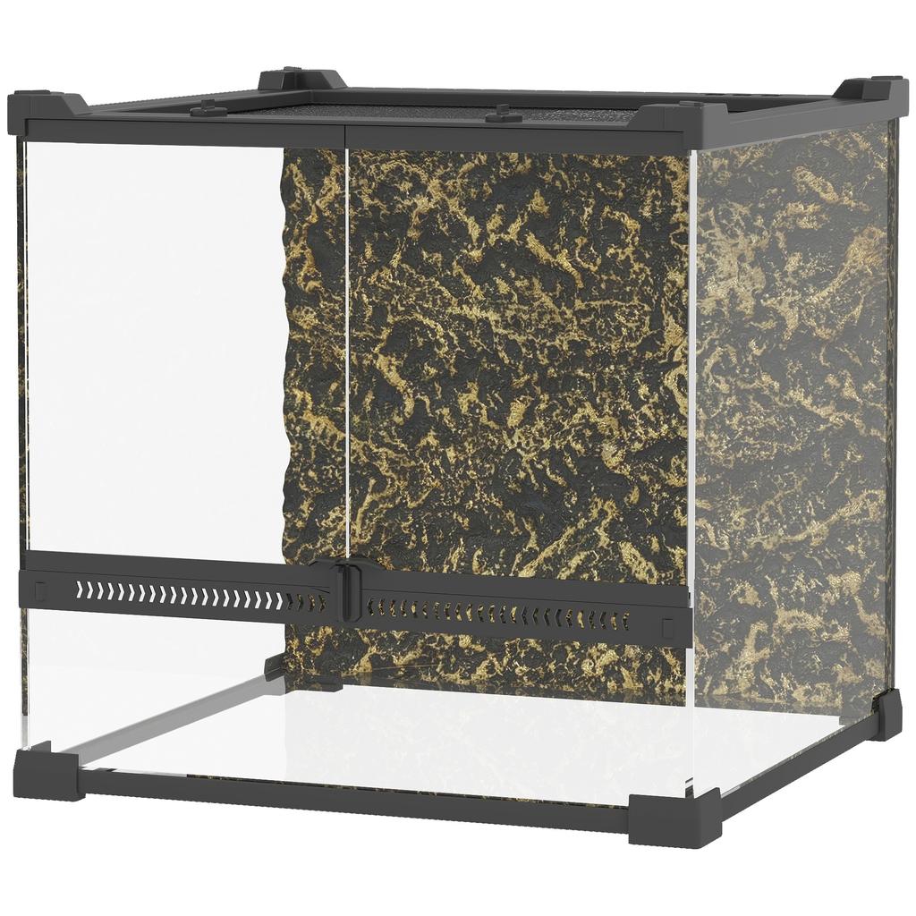 Reptile Glass Terrarium with Stone Background, Front Ventilation, Escape-Proof Knob Lock, 30 x 30 x 30 cm, Black