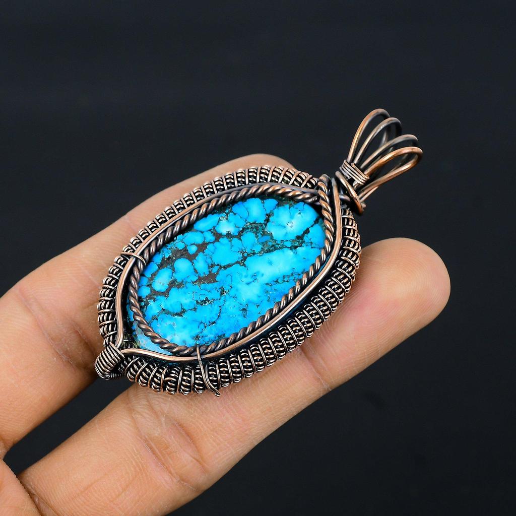 Tibetan Turquoise Pendant, 999 Copper Wire Wrapped Gemstone Jewelry, Handmade Pendant, For Thanksgiving
