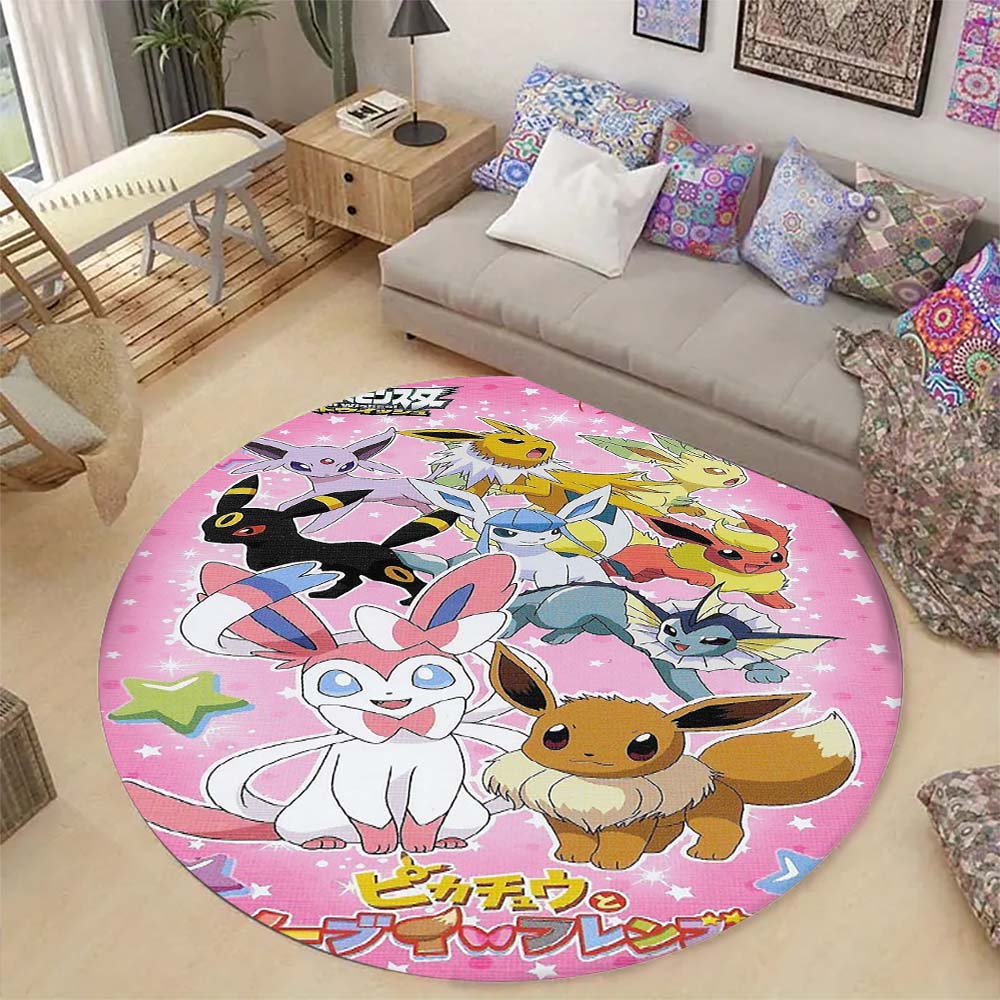 Lovely Eevee Cartoon Round Rug Fashion Aesthetic Floor Mat Wear Resistant Home Indoor Decor