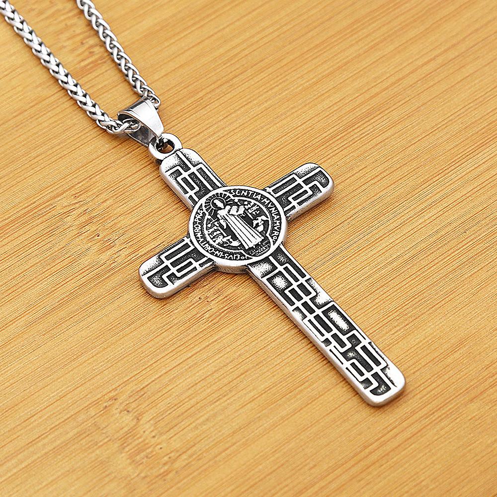 Vintage Catholic Jesus Cross Pendant Necklace Stainless Steel Fashion Saint Benedict Cross Necklace for Men Women Amulet Jewelry