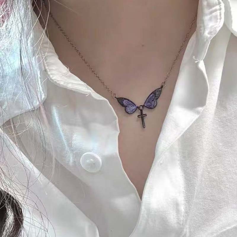 Punk Metal Butterfly Wing Cross Pendant Necklaces for Women Simple Purple Wing Clavicle Chain Necklaces Party Jewelry Gifts