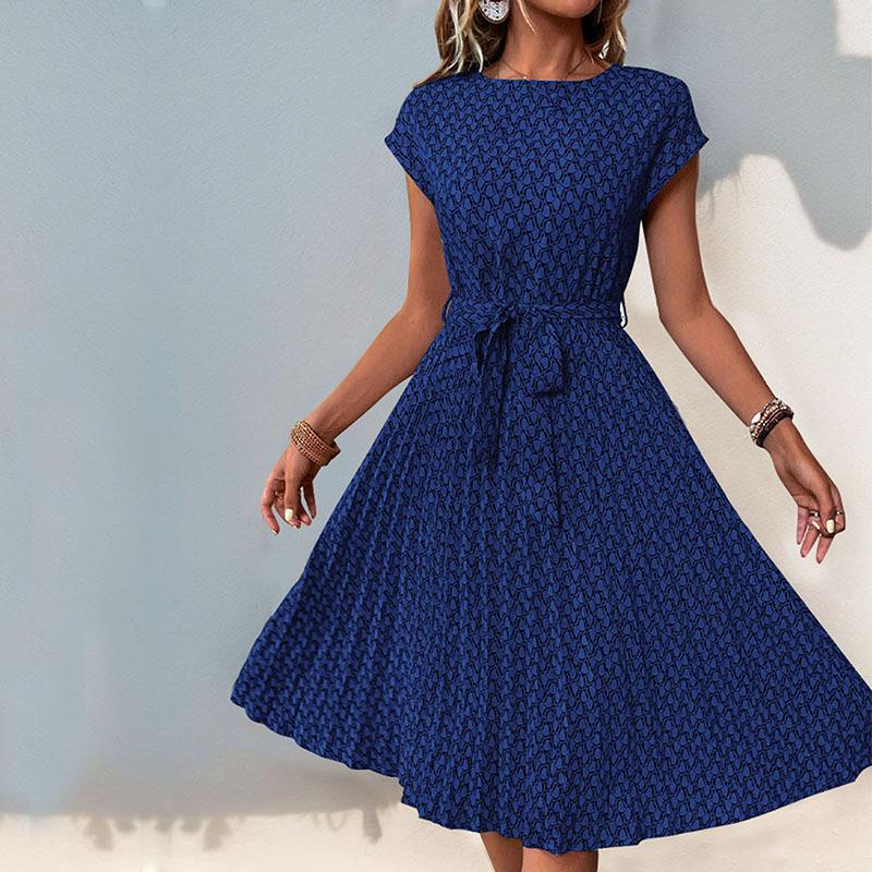 Summer Women's Dress Round Neck Elegant Fashion Printed Pleated Dresses