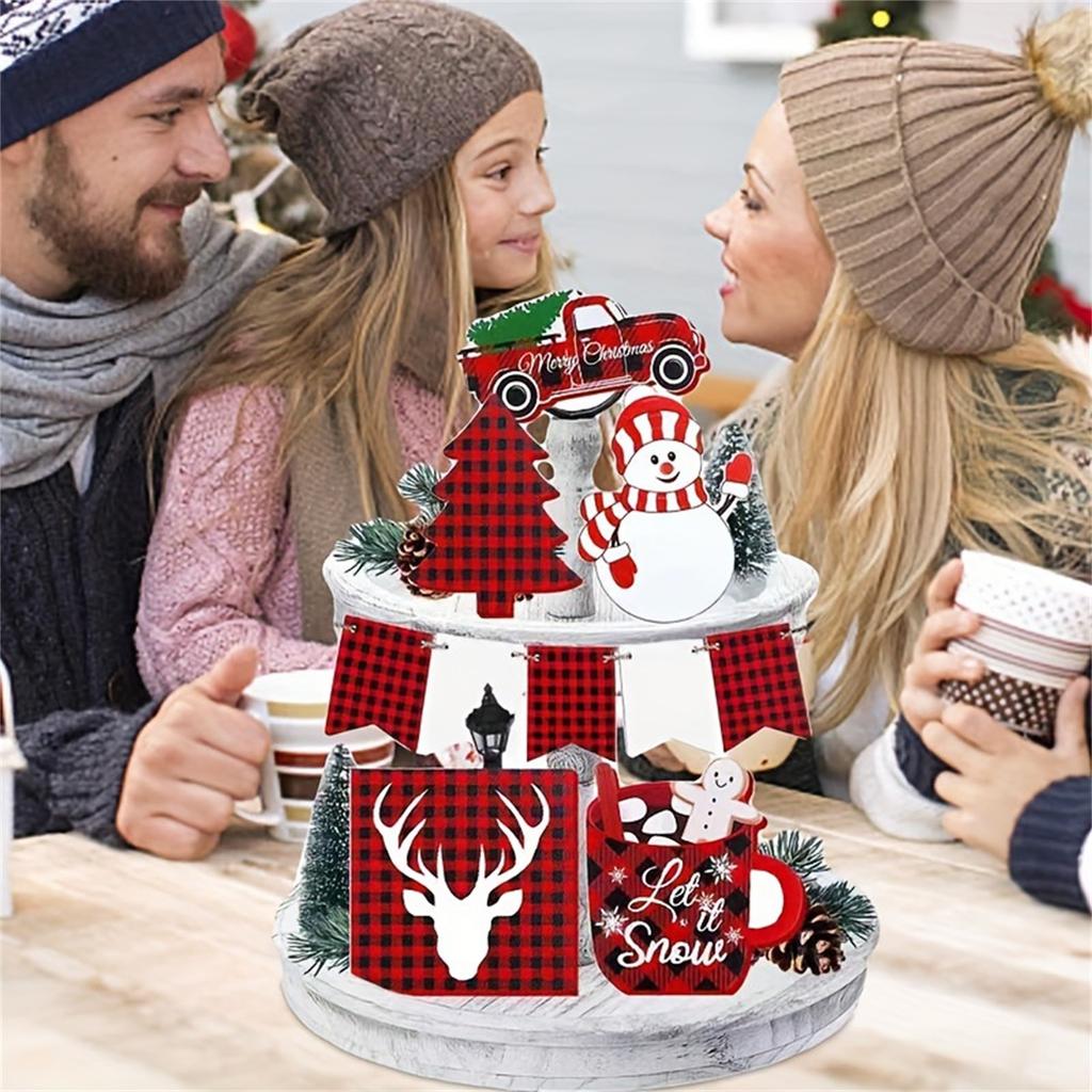 10 Pieces Christmas Tiered Tray Decor Winter Wooden Tabletop Signs Red And Black Plaid Theme Decor Hot Cocoa Signs Snowman Xmas Tree
