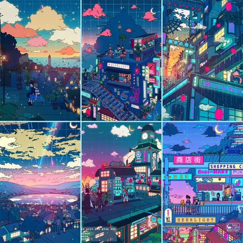 5D Diy Diamond Painting Japanese Anime Building Scene Fantasy Full Rhinestone Mosaic Embroidery Cross Stitch Kit Home Decor Gift