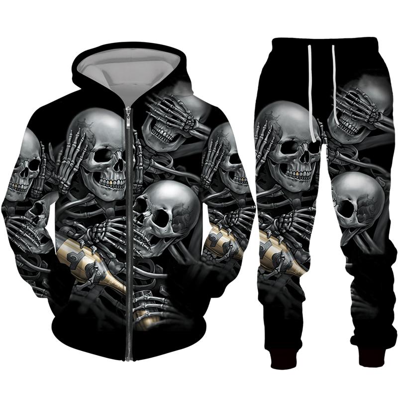 Cool Skull 3D Printed Black Zipper Hoodie Pants Suit Gothic Punk Style Men Women Tracksuit Set 2023 Halloween Streetwear Costume