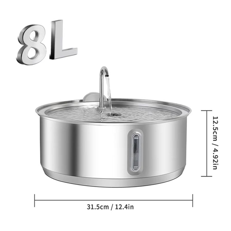 ABMH Stainless Steel 8L Large Capacity Cat Water Fountain, Dog Drinking Dispenser with Filter for Pets