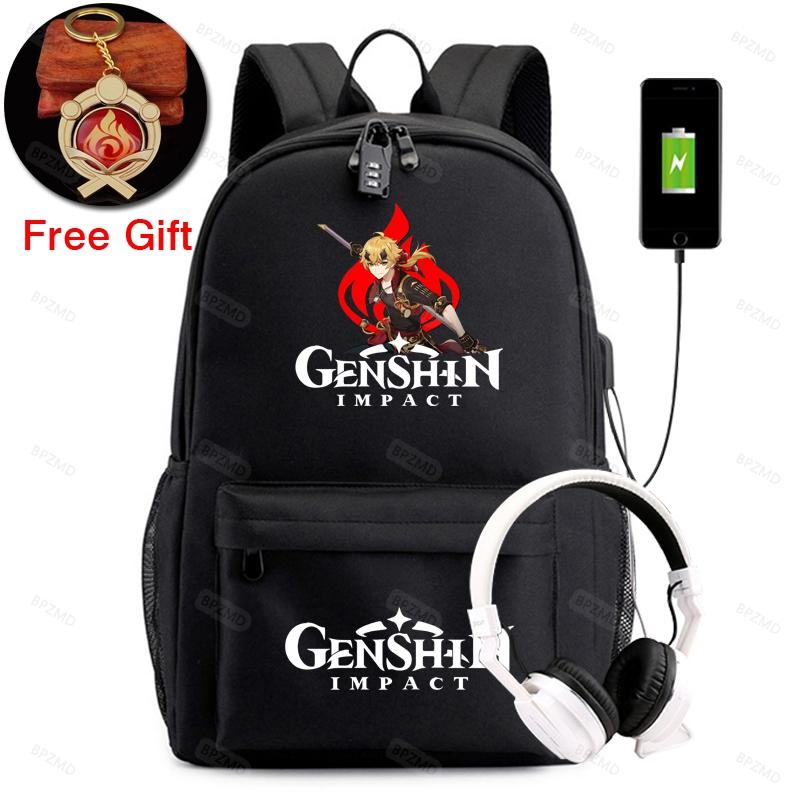 Рюкзак Genshin Impact, школьный парусиновый рюкзак для мальчиков и девочек, противоугонный USB-рюкзак, брелок для мужчин и женщин, дорожные сумки