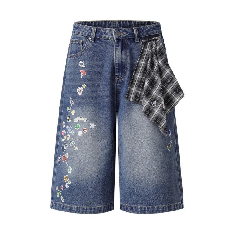 Vintage Plaid Denim Shorts Cartoon Print Wide Leg Distressed Streetwear Casual Pants