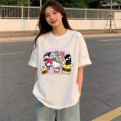 2026 Новые персонажи Sanrio Вечеринка Мультяшный Принт Футболка Семейная Удобная летняя свободная футболка для женщин