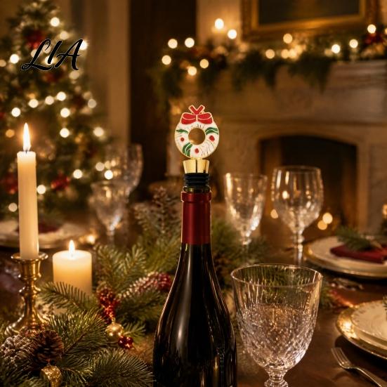 Holiday Wine Bottle Insert Christmas Theme Stopper, Santa Snowman Garland Pattern, Zinc Alloy Festive with Silicone Sealing Ring, Leak-proof Cork for