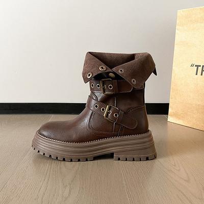 Ретро круглый носок универсальные складные два способа носки толстая подошва толстый каблук ботинки Мартин женские 2025 новые с пряжкой ремня облегающие полусапоги